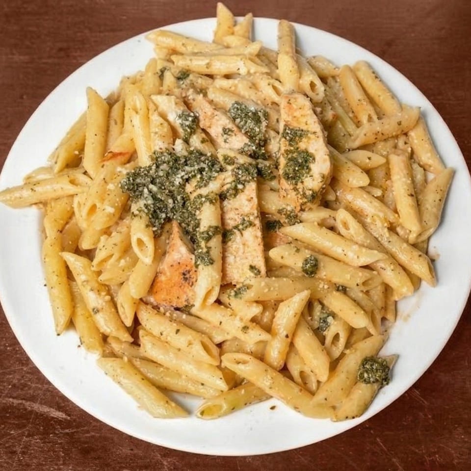 Penne pasta with chicken, creamy sauce, and pesto on a white plate.