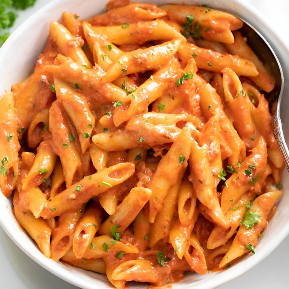 Close-up of penne pasta coated in a creamy red sauce, garnished with fresh parsley in a white bowl.