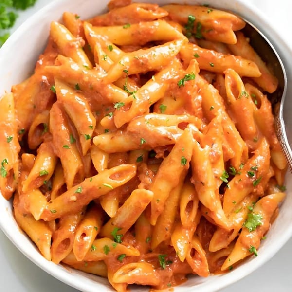 Penne pasta in a creamy tomato sauce, garnished with fresh parsley, served in a white bowl.