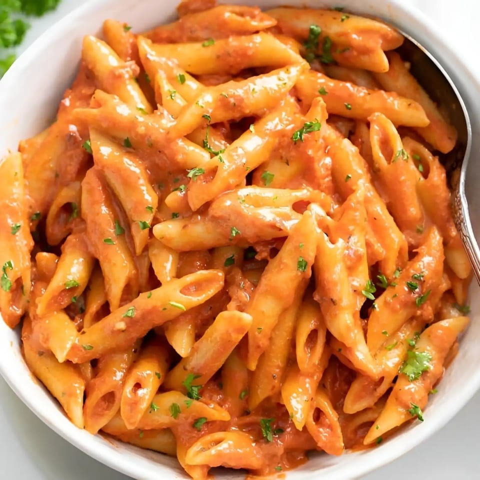 Penne pasta in a creamy tomato sauce, garnished with fresh parsley, served in a white bowl.